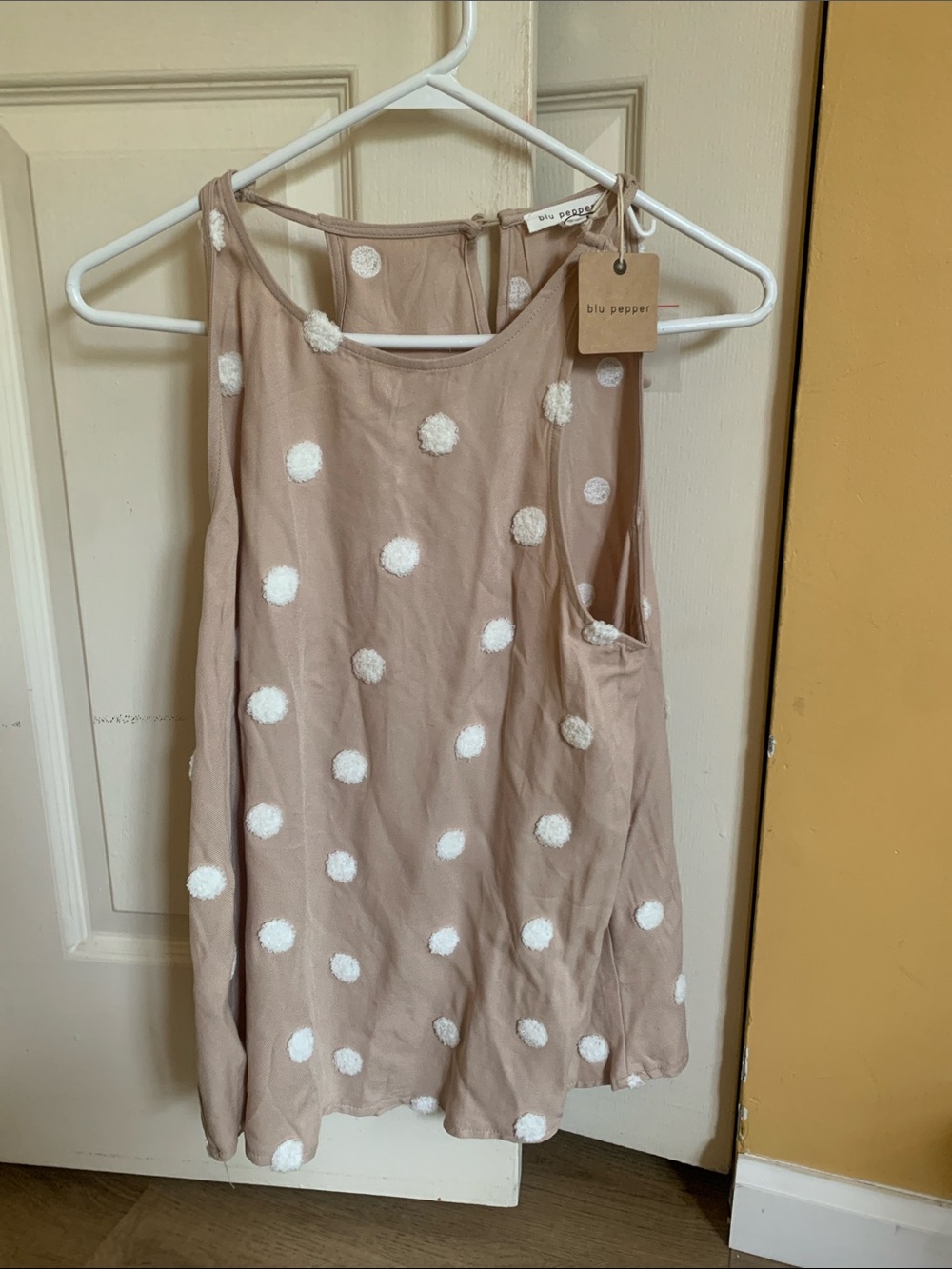 Blu Pepper Beige Tank with White Pom-Dot Embellishments